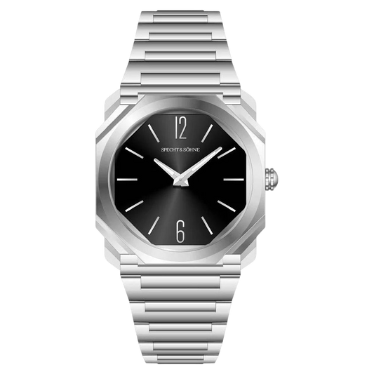 Silver watch with black dial on a white background