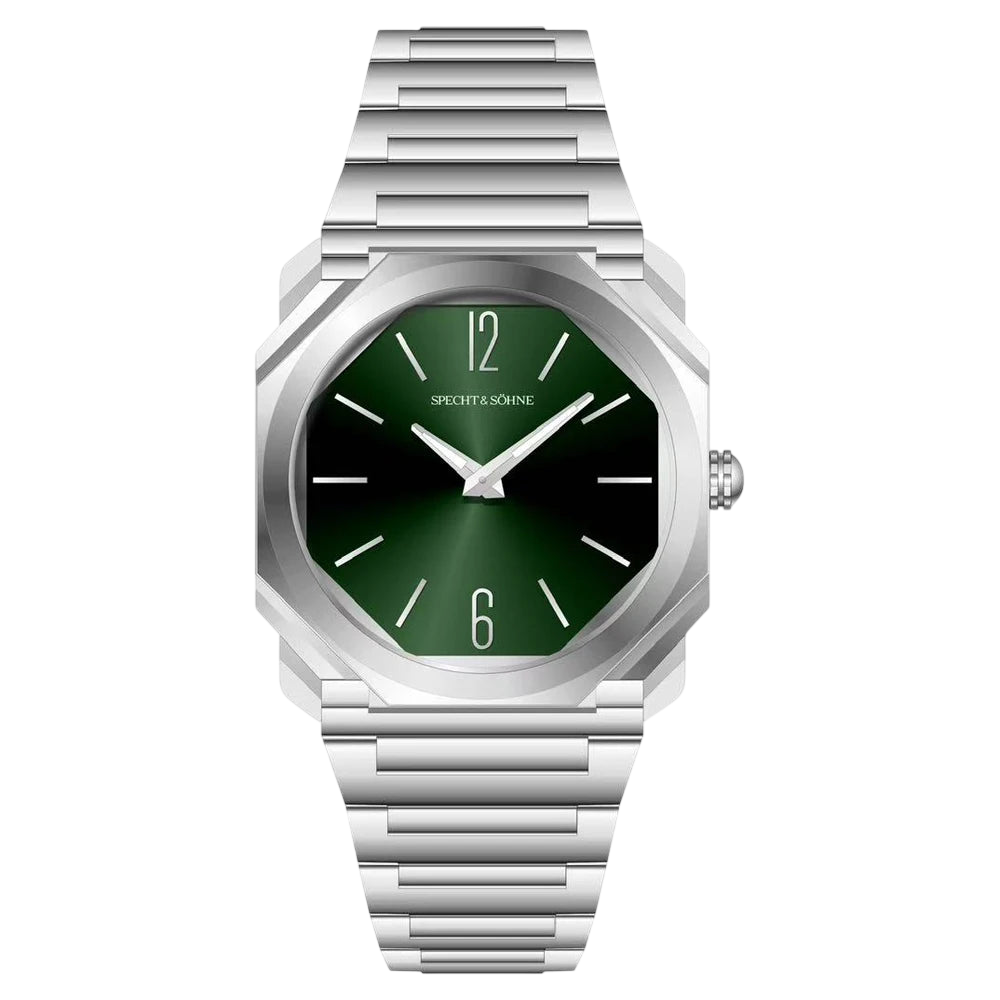 Silver watch with a green dial on a white background