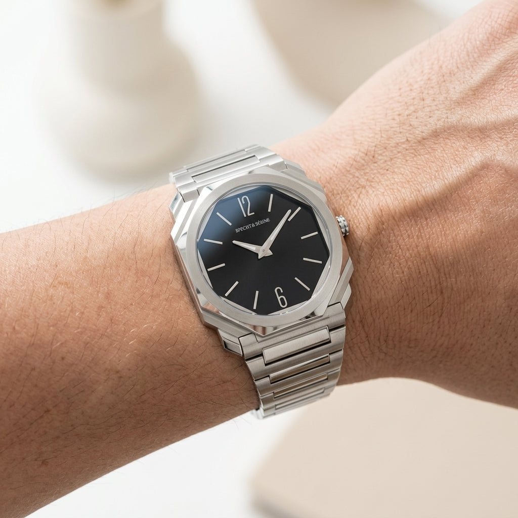 Silver watch with a black face on a wrist against a neutral background