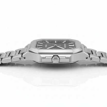 Silver watch with a black face on a white background