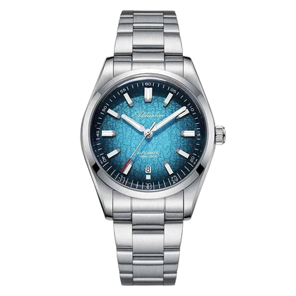 Silver watch with a blue face on a white background
