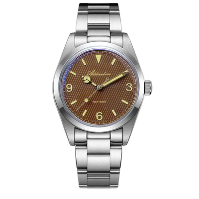 Silver watch with a brown dial on a white background
