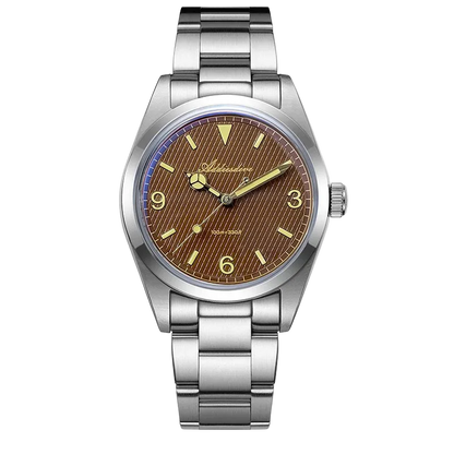 Silver watch with a brown dial on a white background