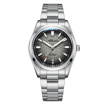 Silver watch with a dark face on a white background