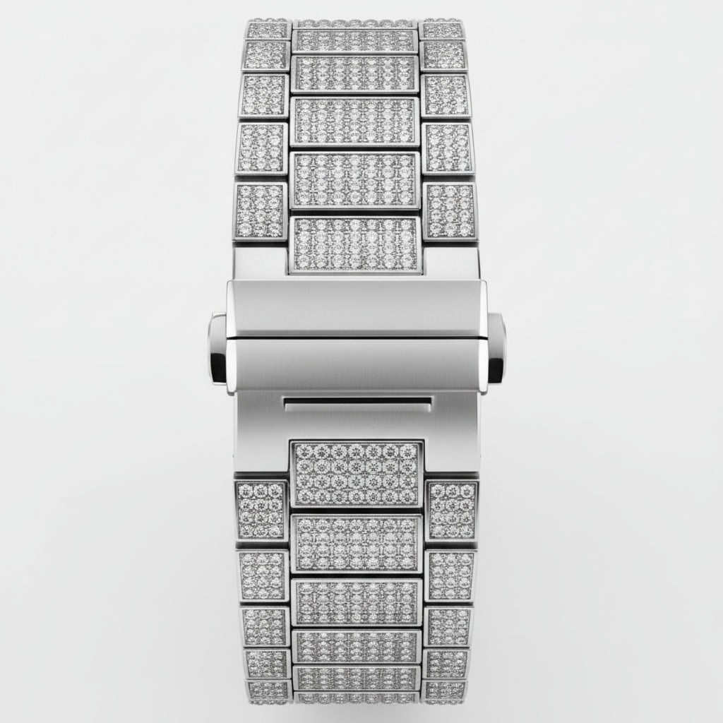 Silver watch with a diamond-studded band on a light gray background