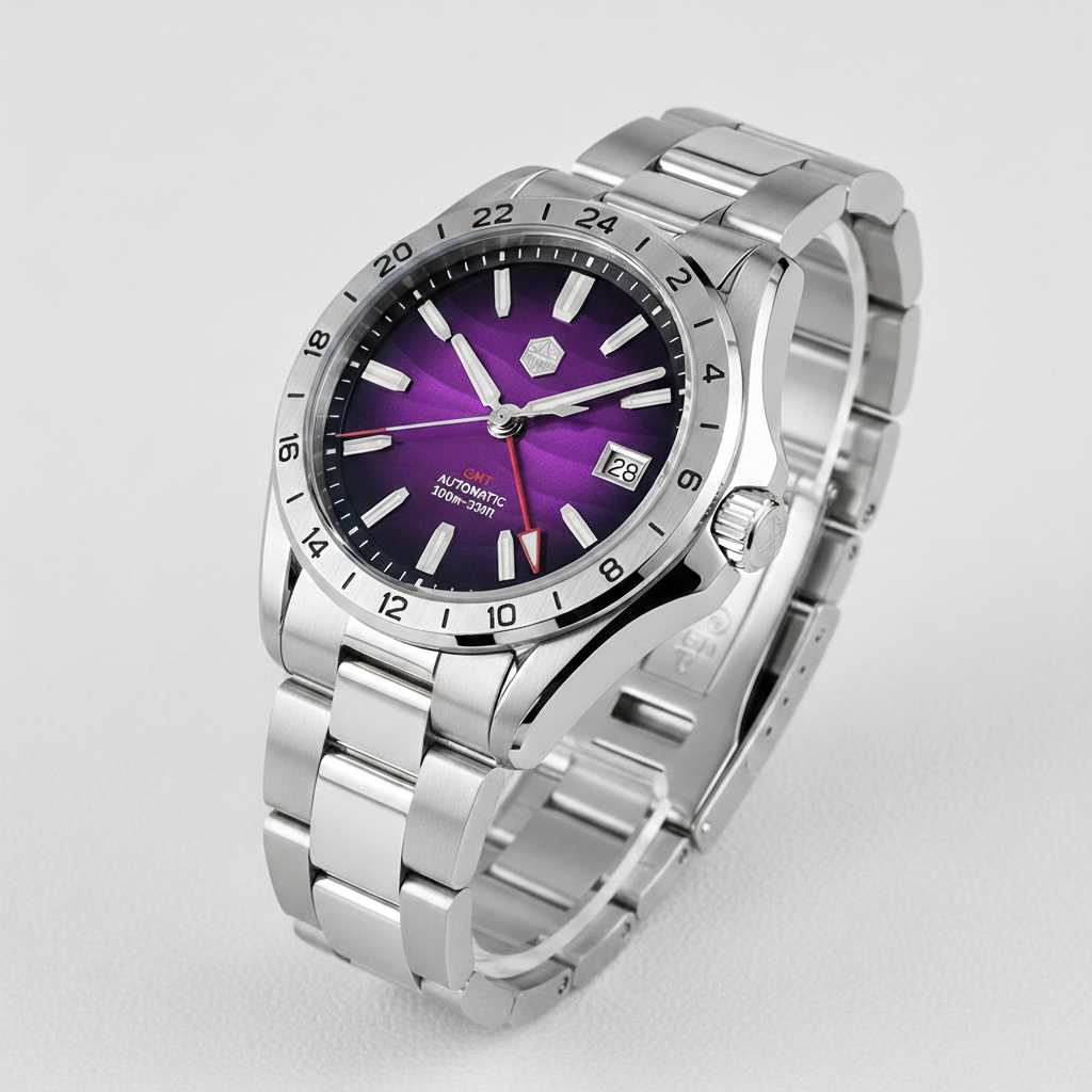Silver watch with a purple face on a light gray background