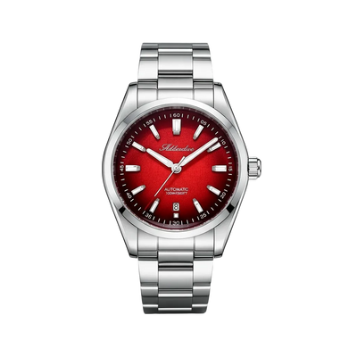 Silver watch with a red face on a white background