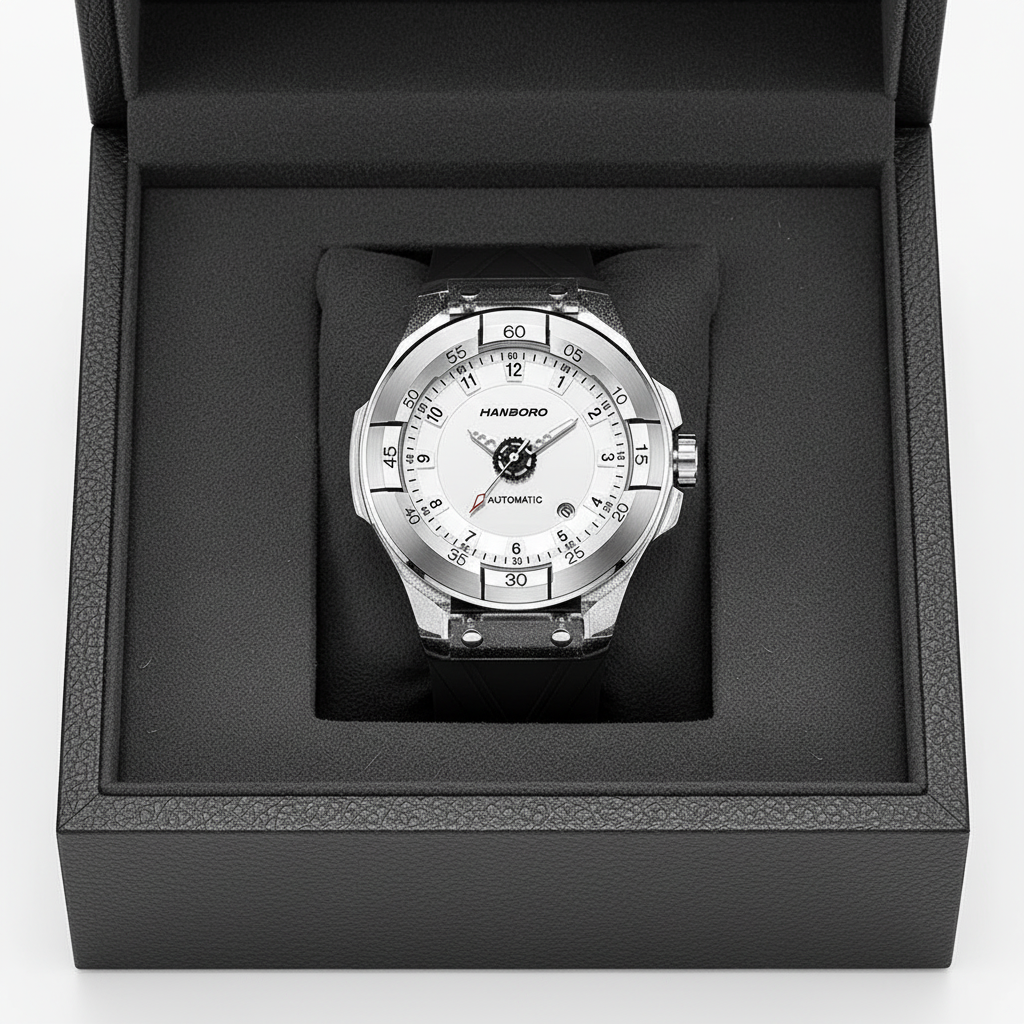 Silver watch with a white face in a black box on a white background