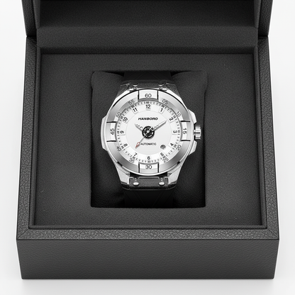 Silver watch with a white face in a black box on a white background