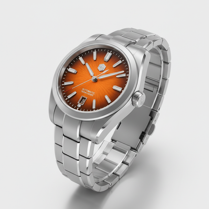 Silver watch with an orange face on a light gray background