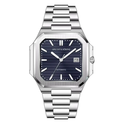 Silver watch with blue dial on a white background
