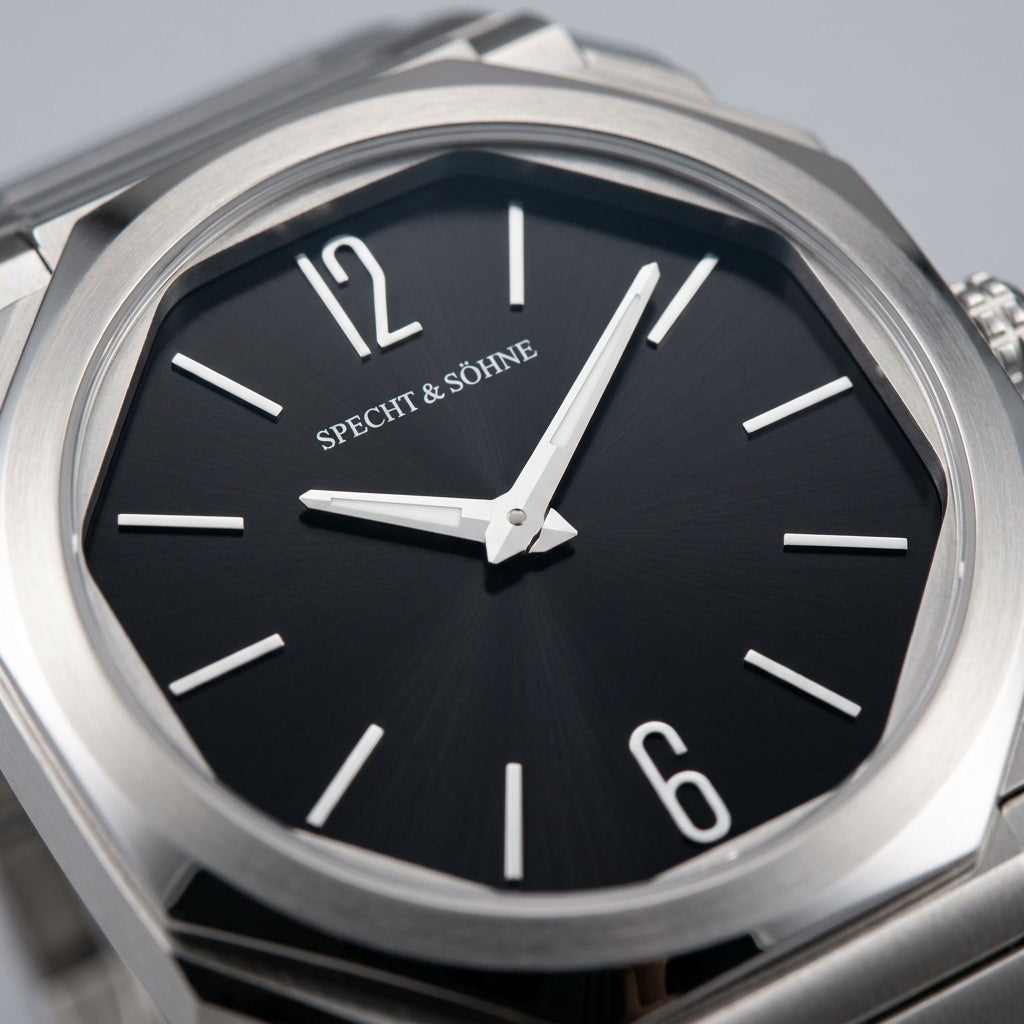 Silver watch with black dial and 'SPECHT & SÖHNE' branding on a light gray background