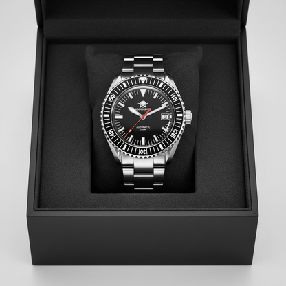 Silver watch with black dial in a black box on a light gray background