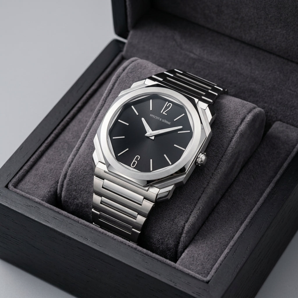 Silver watch with black dial in a gray box