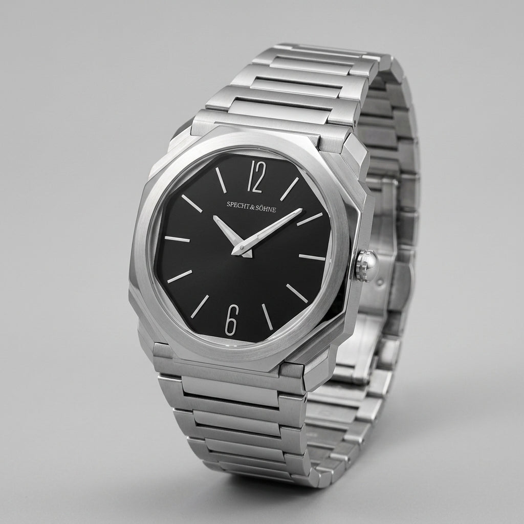 Silver watch with black dial on a gray background