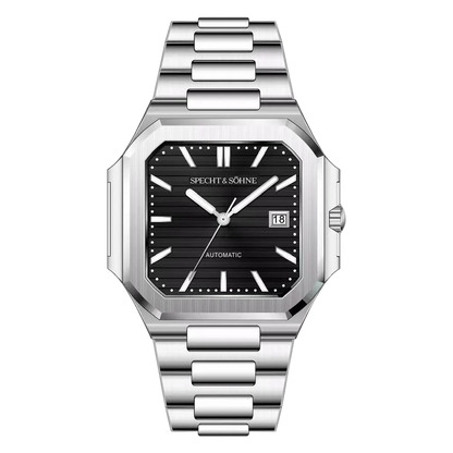 Silver watch with black dial on a white background