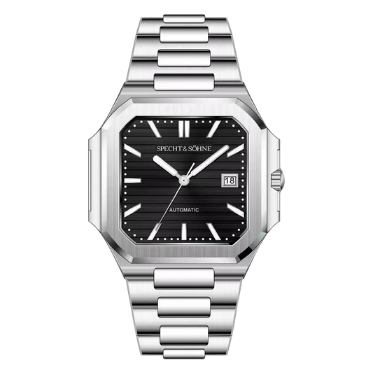 Silver watch with black dial on a white background