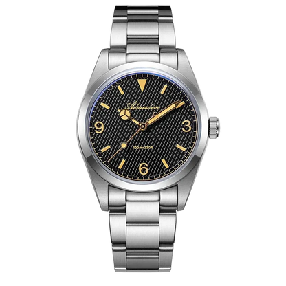 Silver watch with black face and gold accents on a white background