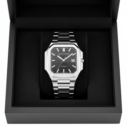 Silver watch with black face in a black box