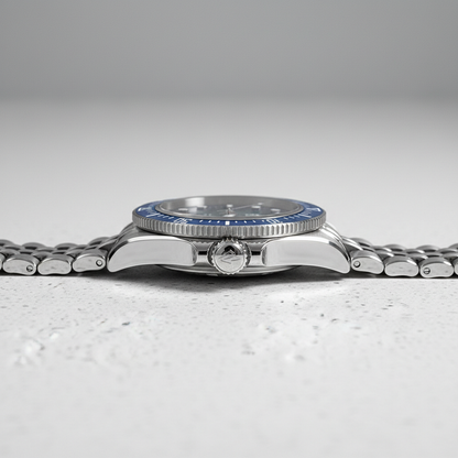 Silver watch with blue bezel on a light gray background