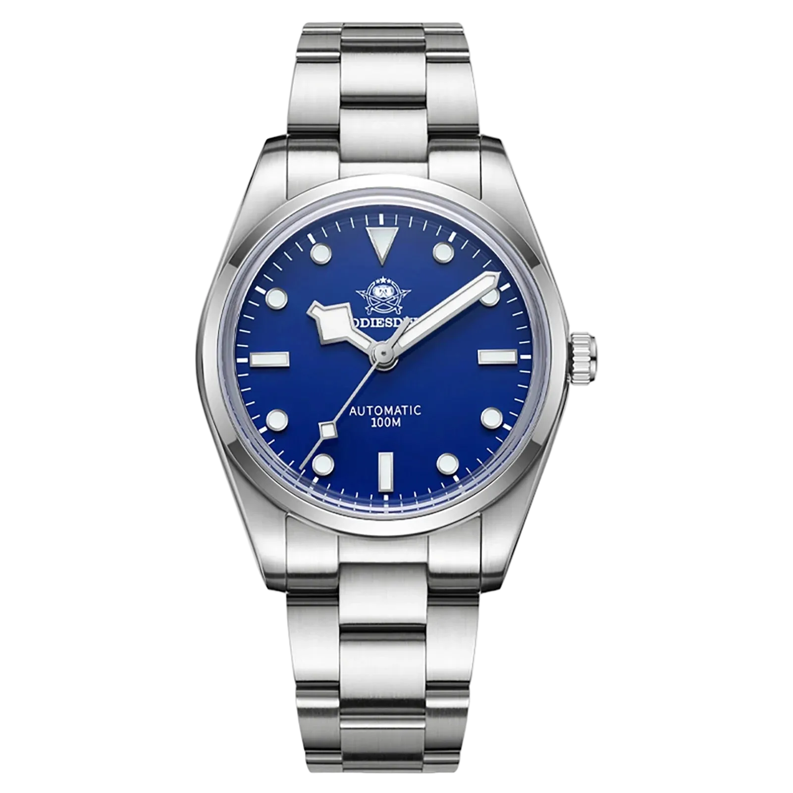 Silver watch with blue dial on a white background