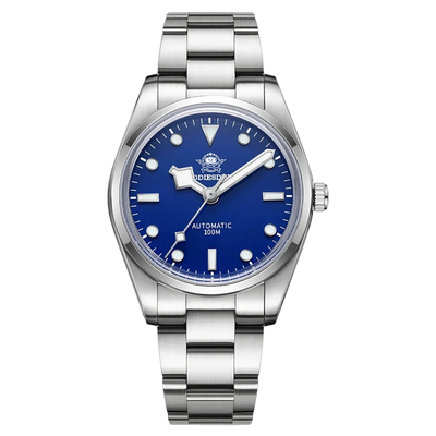 Silver watch with blue dial on a white background