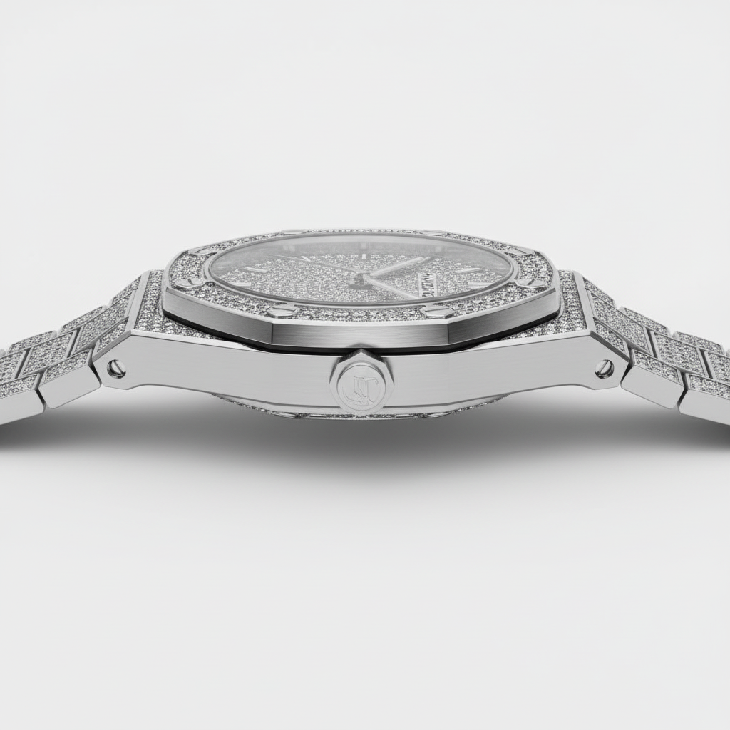 Silver watch with diamond-studded band on a light gray background