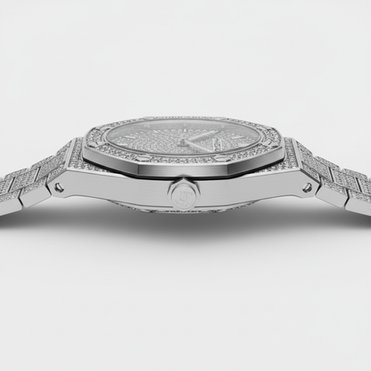 Silver watch with diamond-studded band on a light gray background