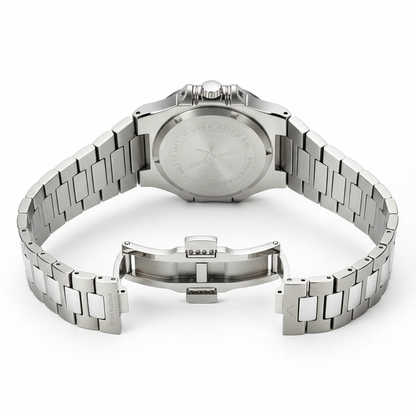 Silver watch with metal bracelet on a white background