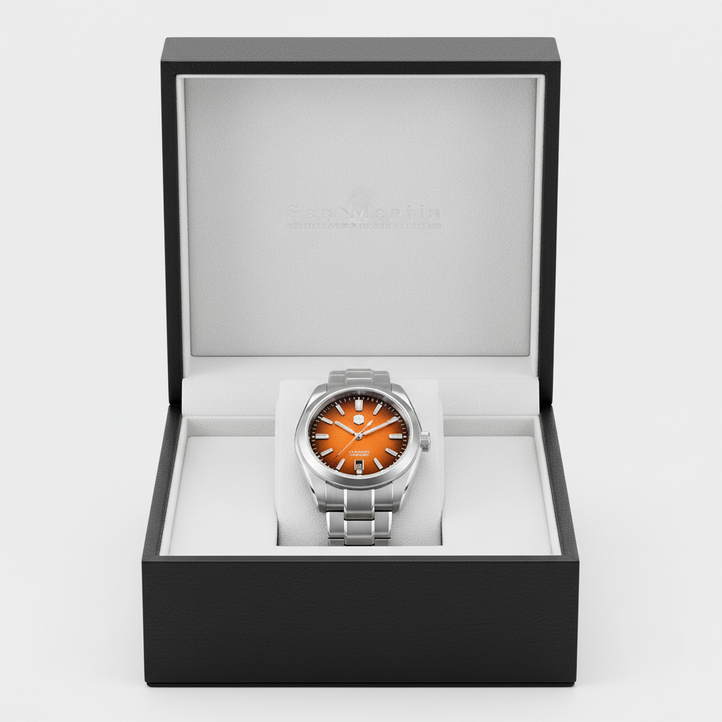 Silver watch with orange face in a black box on a white background