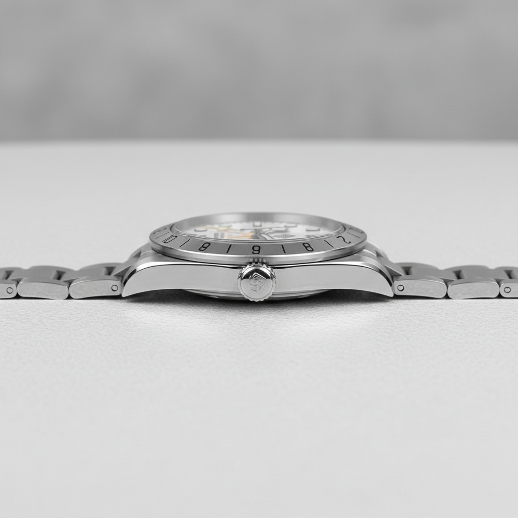 Silver wristwatch on a light gray background