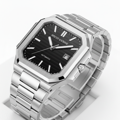 Silver wristwatch with a black dial on a white background