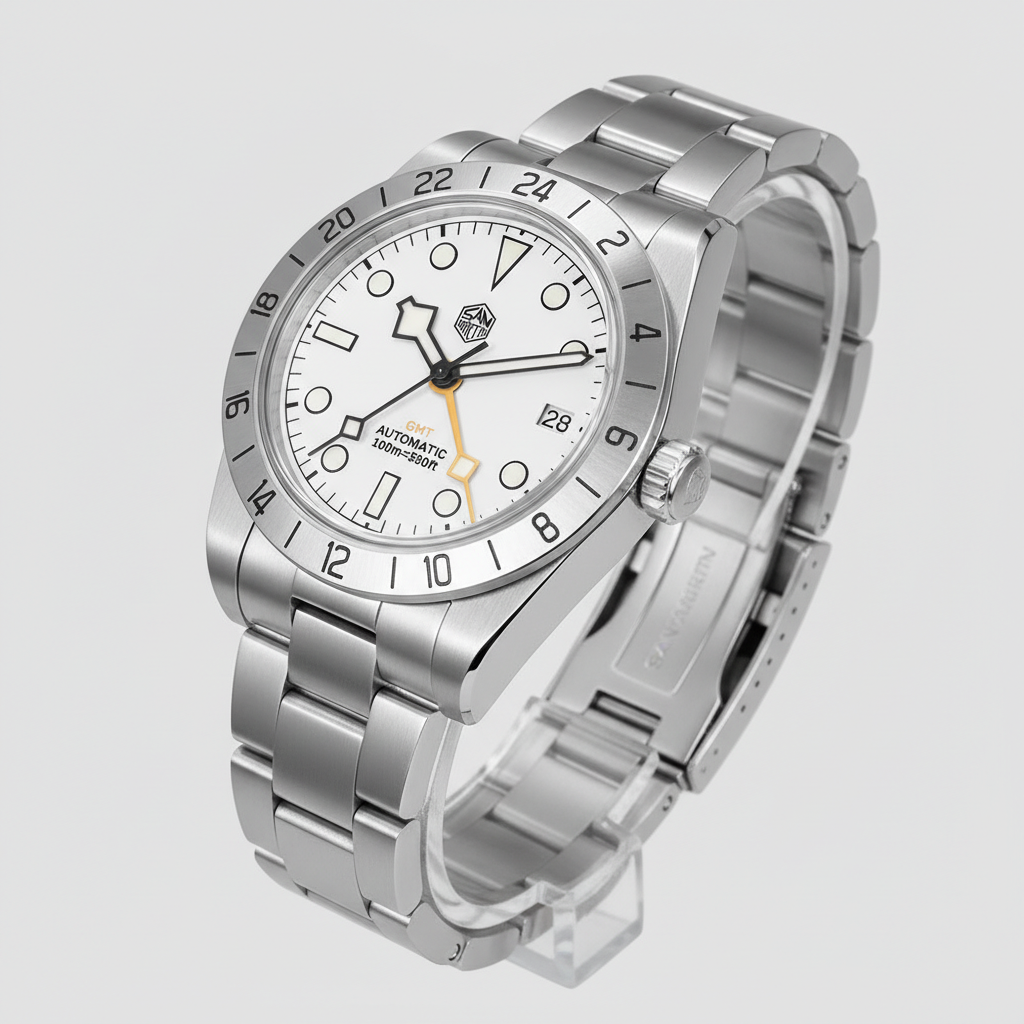 Silver wristwatch with a white dial on a light gray background