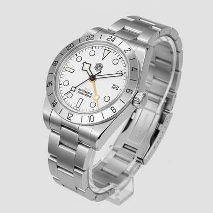 Silver wristwatch with a white dial on a light gray background