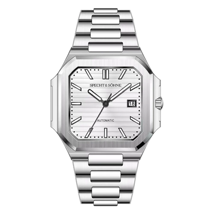 Silver wristwatch with a white face on a white background