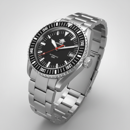 Silver wristwatch with black dial on a light gray background