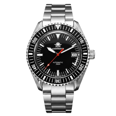 Silver wristwatch with black dial on a light gray background