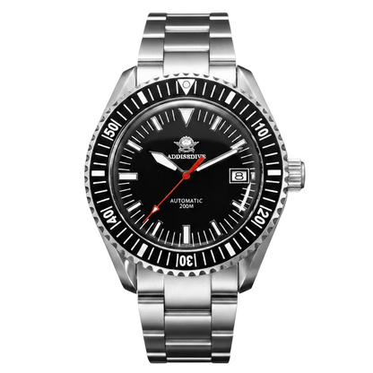 Silver wristwatch with black dial on a light gray background