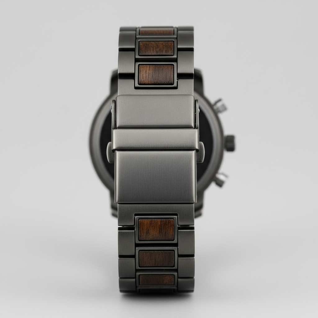 Smartwatch with a metallic band on a light gray background