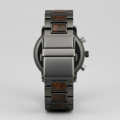 Smartwatch with a metallic band on a light gray background