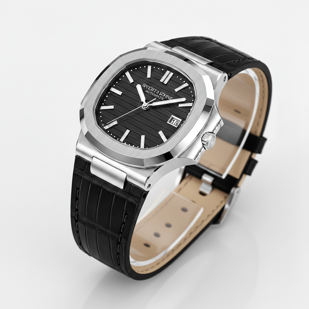 Specht&Sohne SP0010 - Mec - Angled view, black dial, display stand