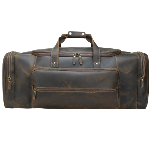 A dark brown distressed leather duffel bag with multiple zippered compartments and top handles, shown against a plain white background.