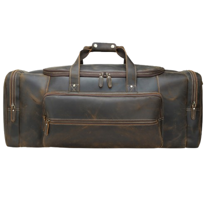 A dark brown distressed leather duffel bag with multiple zippered compartments and top handles, shown against a plain white background.