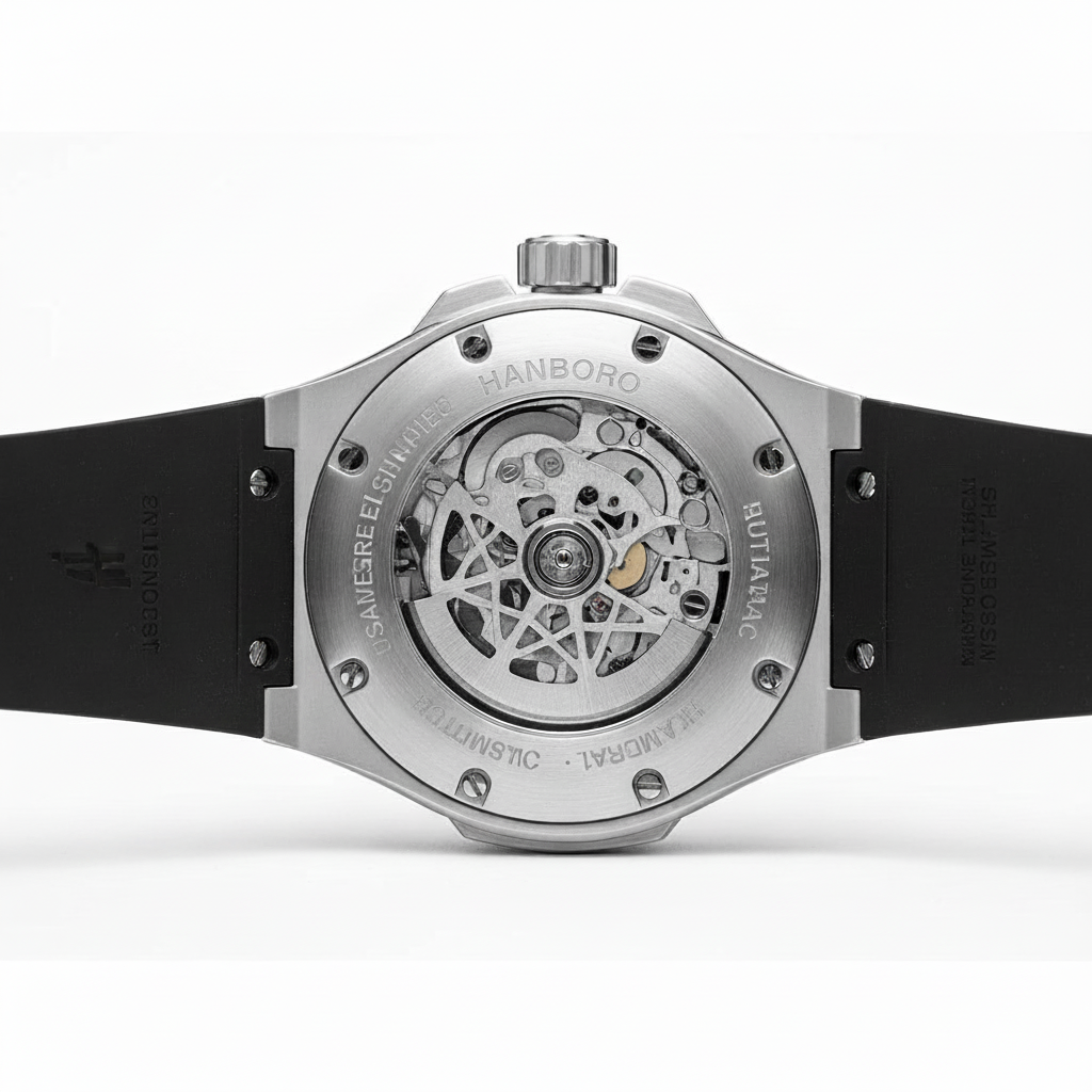 HANBORO 996-1 - Mechanica - caseback view, automatic movement, engraved