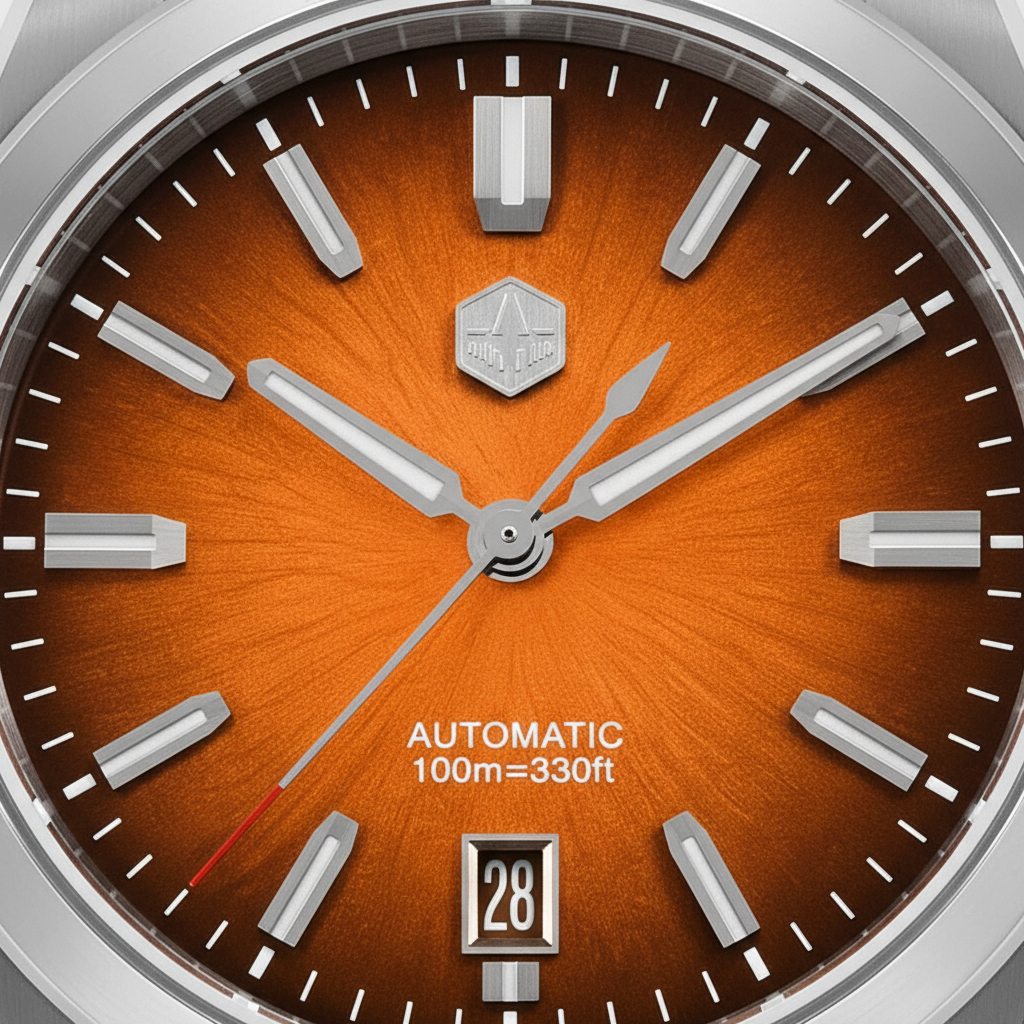 Watch face with orange background and silver accents