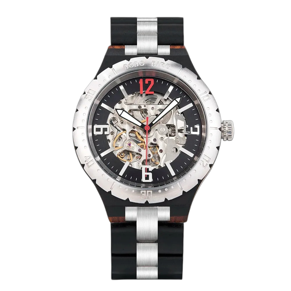 BOBO BIRD GQ029-3 - Men's - silver black skeleton dial