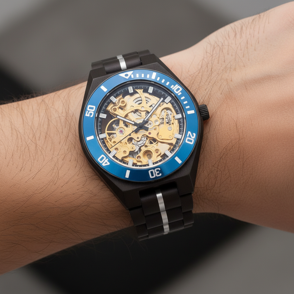 Watch with a blue bezel and black strap on a wrist against a gray background