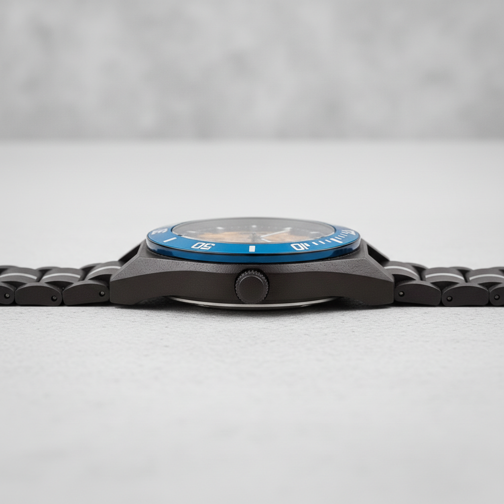 Watch with a blue face and black strap on a light gray background