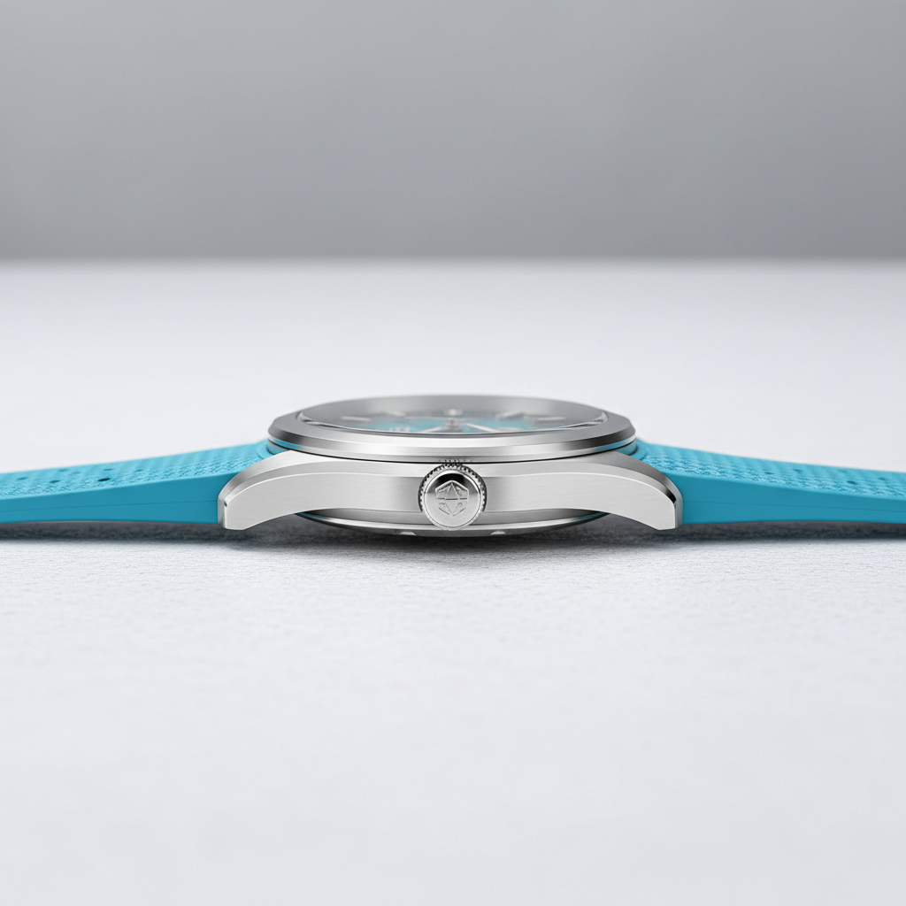 Watch with a blue strap on a light gray background