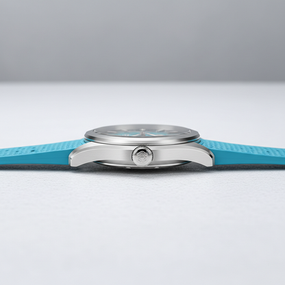 Watch with a blue strap on a light gray background